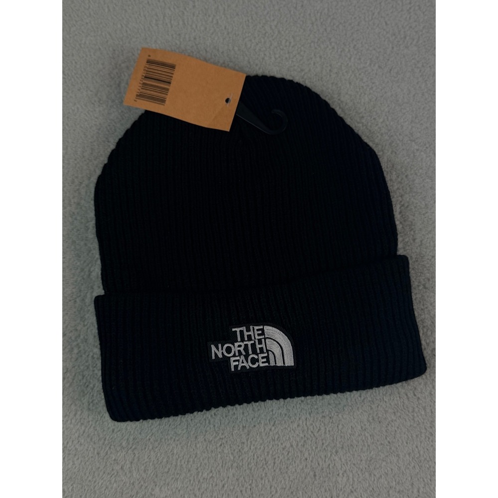 The North Face Black Ribbed Knit Beanie Hat Embroidered Logo and Furry Lining OS